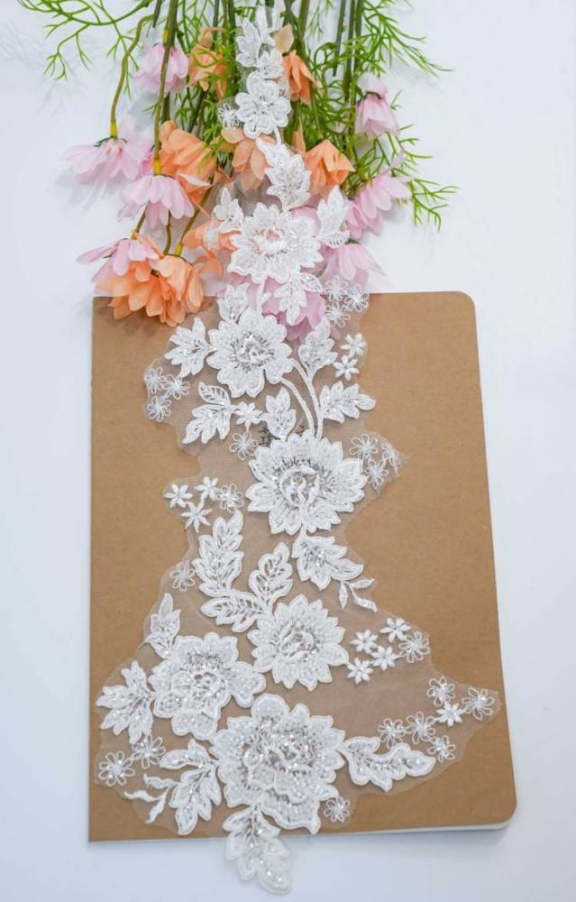 1 Pair White Sequined Beaded Corded Embroidered Bridal Lace Applique Material XB109