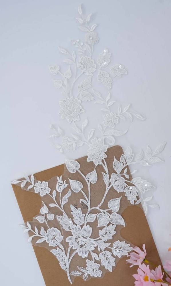 1 Pair White Sequined Beaded Embroidered Bridal Lace Applique Material