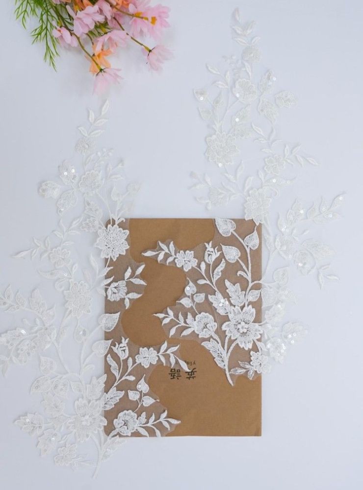 1 Pair White Sequined Beaded Embroidered Bridal Lace Applique Material