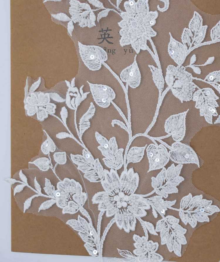1 Pair White Sequined Beaded Embroidered Bridal Lace Applique Material