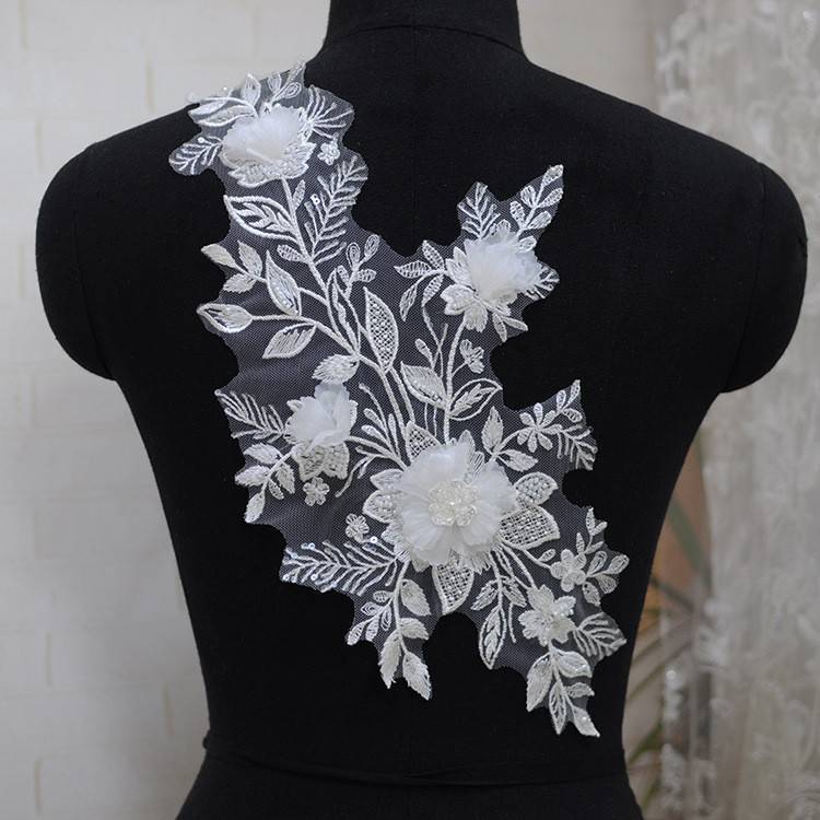 1 Pair White Sequined Beaded Embroidered 3D Floral Bridal Lace Applique Material XB110
