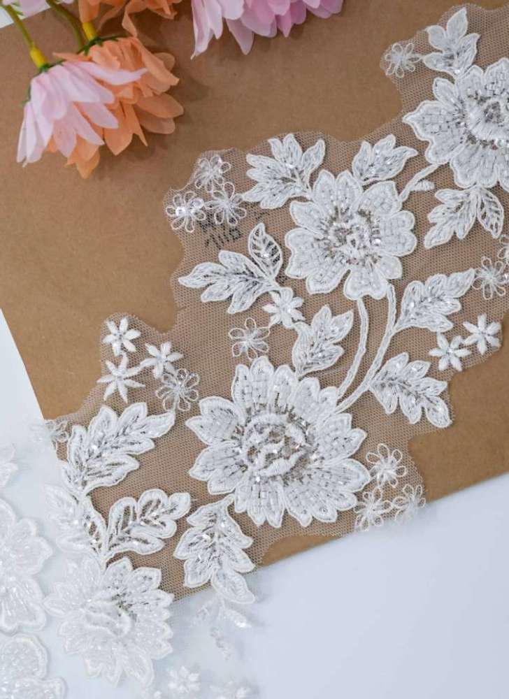 1 Pair White Sequined Beaded Corded Embroidered Bridal Lace Applique Material XB109