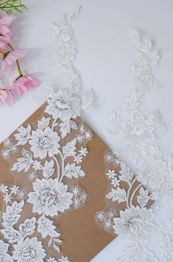 1 Pair White Sequined Beaded Corded Embroidered Bridal Lace Applique Material XB109