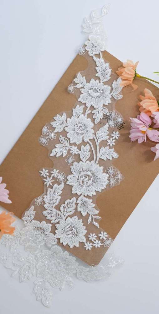 1 Pair White Sequined Beaded Corded Embroidered Bridal Lace Applique Material XB109