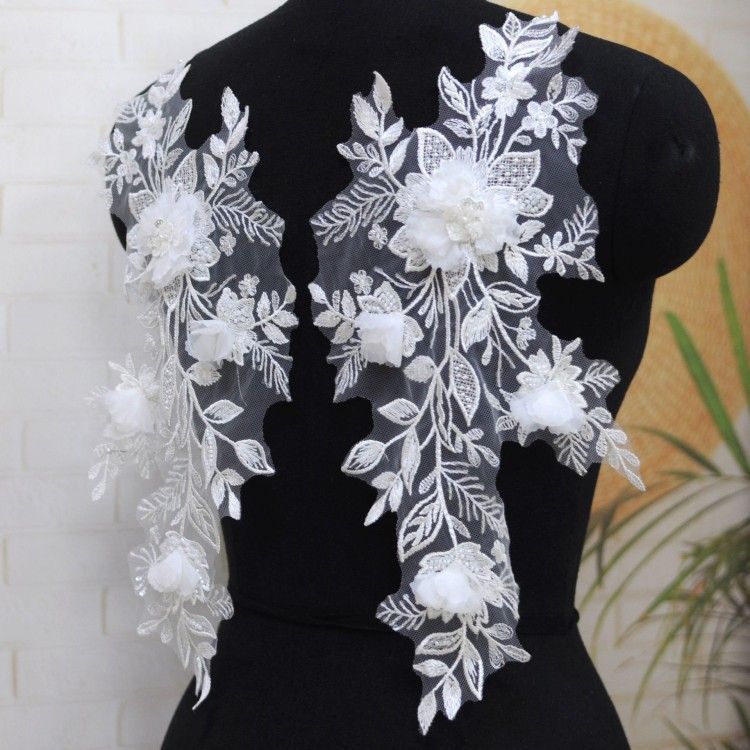 1 Pair White Sequined Beaded Embroidered 3D Floral Bridal Lace Applique Material XB110