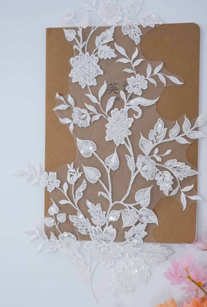 1 Pair White Sequined Beaded Embroidered Bridal Lace Applique Material