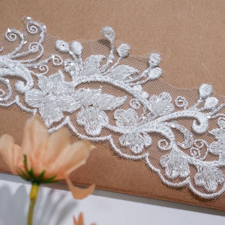 1 Yard White Sequined Beaded Embroidered Bridal Lace Trim Material XB105