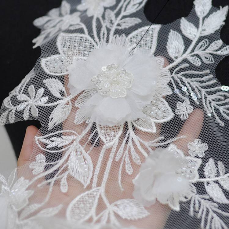 1 Pair White Sequined Beaded Embroidered 3D Floral Bridal Lace Applique Material XB110