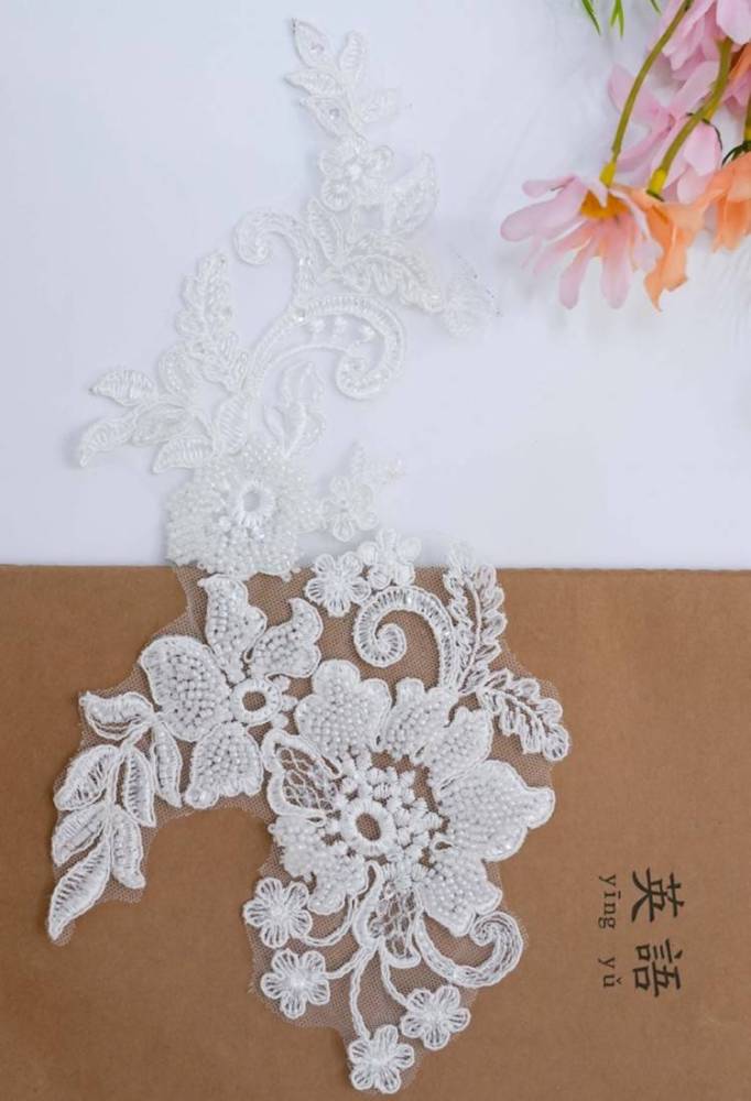 1 Pair White Sequined Beaded Corded Embroidered Bridal Lace Applique Material XB103