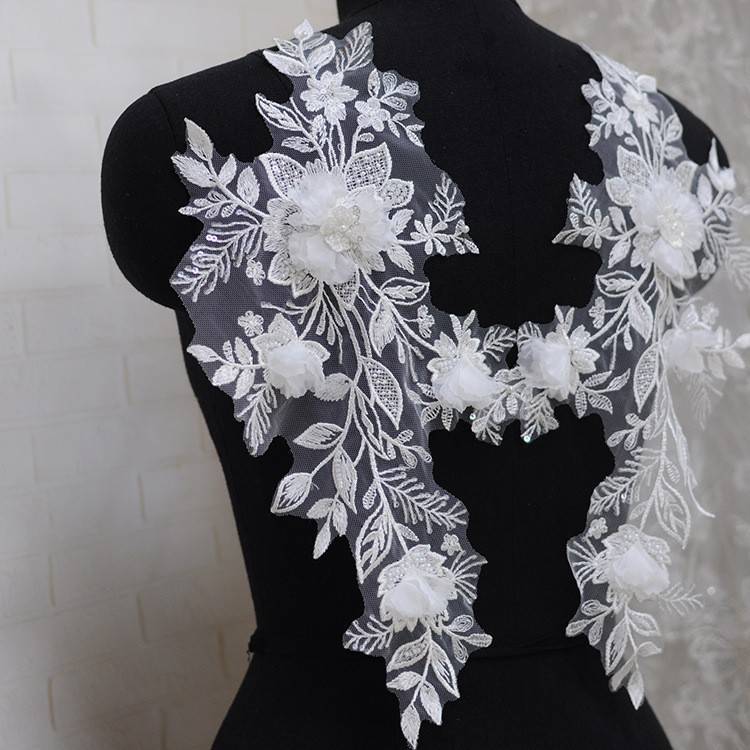 1 Pair White Sequined Beaded Embroidered 3D Floral Bridal Lace Applique Material XB110
