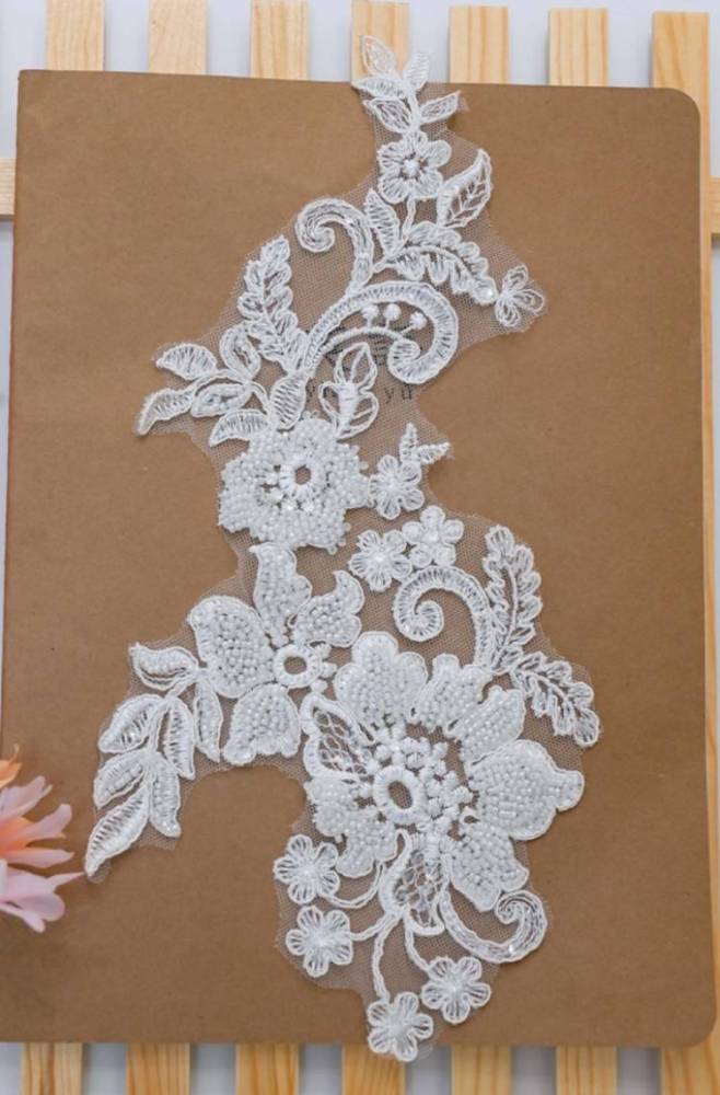 1 Pair White Sequined Beaded Corded Embroidered Bridal Lace Applique Material XB103