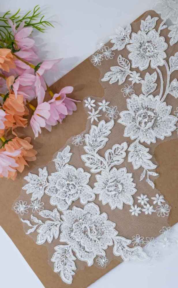 1 Pair White Sequined Beaded Corded Embroidered Bridal Lace Applique Material XB109