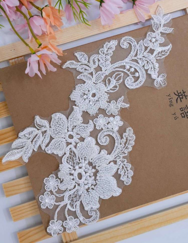1 Pair White Sequined Beaded Corded Embroidered Bridal Lace Applique Material XB103