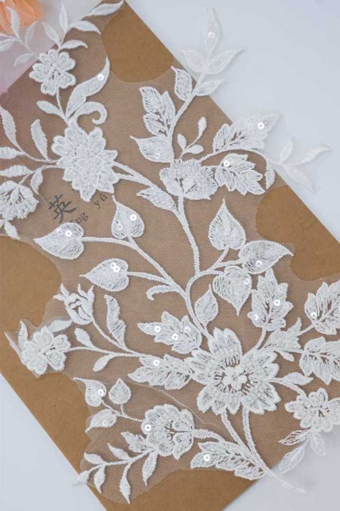 1 Pair White Sequined Beaded Embroidered Bridal Lace Applique Material