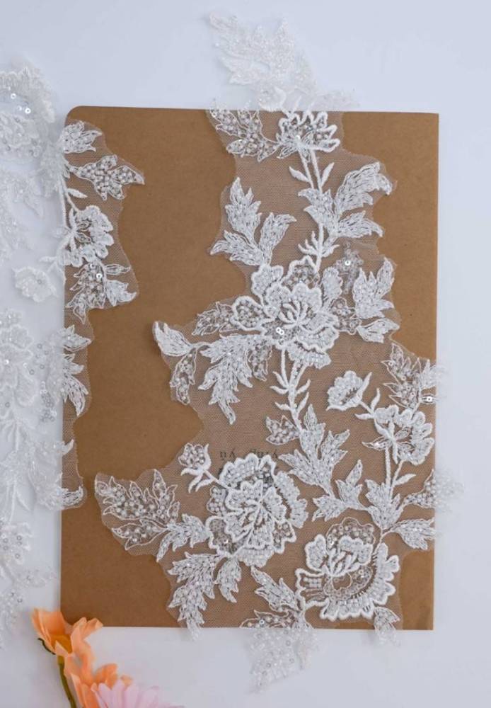 1 Yard Pair White Sequined Beaded Corded Embroidered 3D Floral Bridal Lace Trim Applique Material XB139