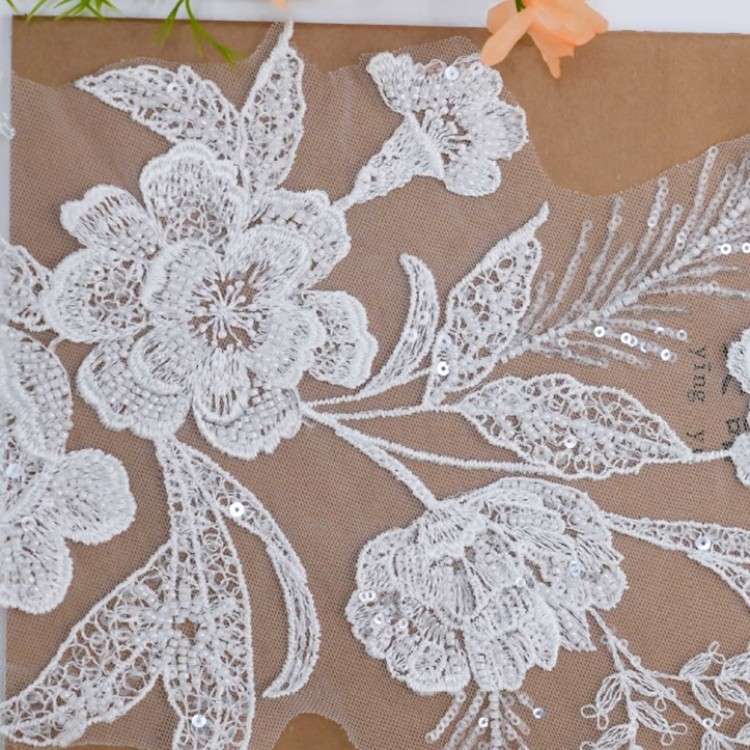 1 Yard Pair White Sequined Beaded Corded Embroidered 3D Floral Bridal Lace Trim Applique Material XB148