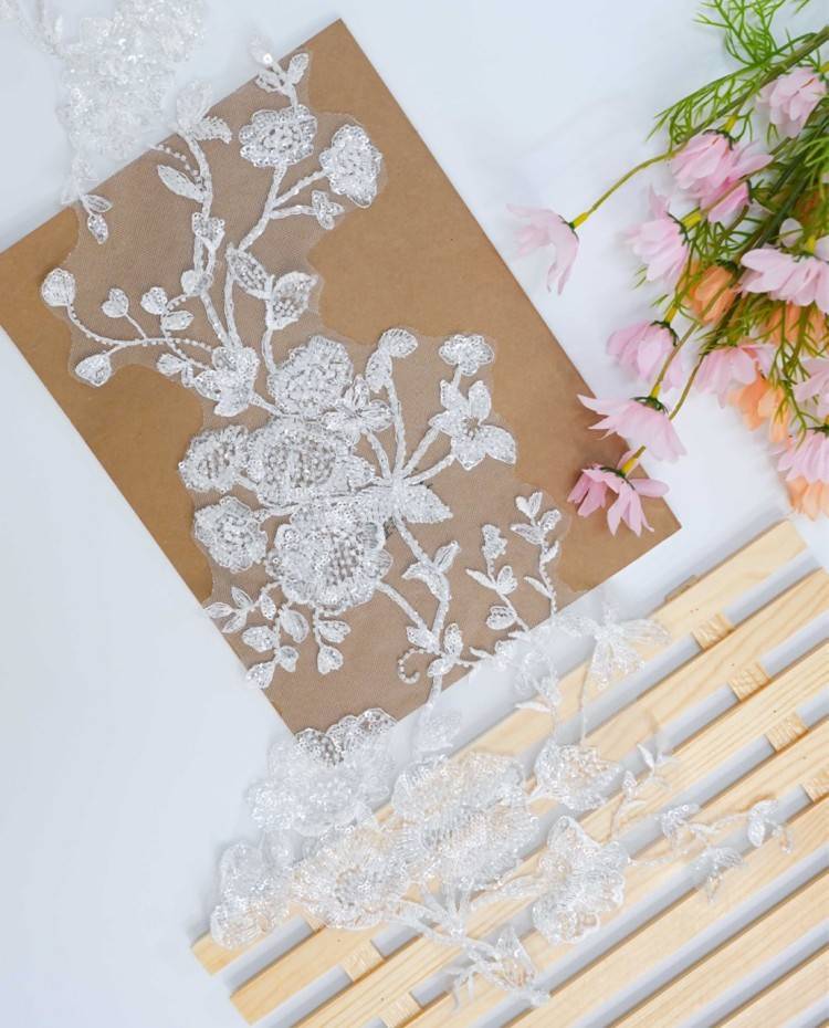 1 Pair White Sequined Beaded Embroidered Bridal Lace Applique Material XB113