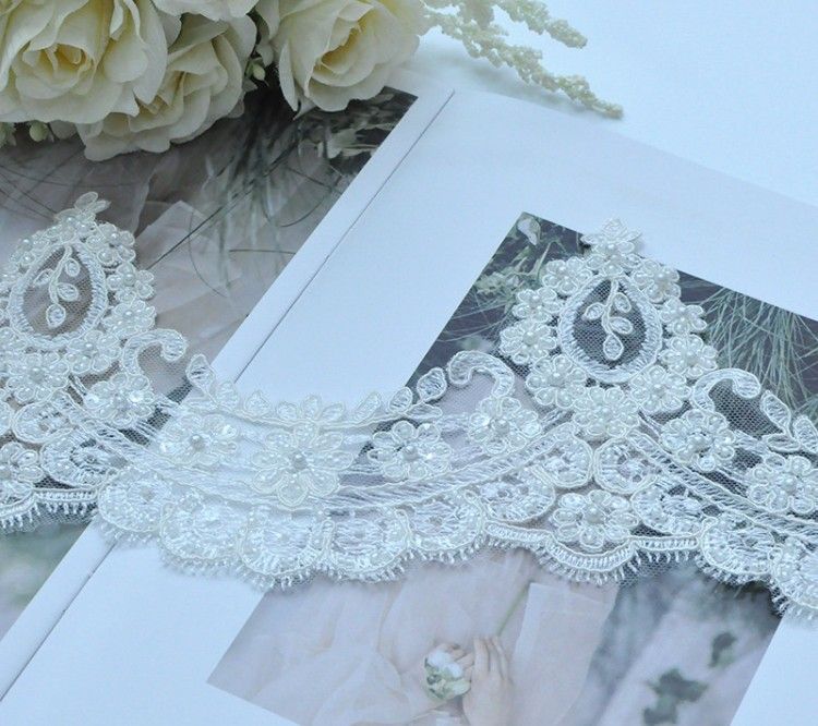 1 Yard Pair White Sequined Beaded Corded Embroidered 3D Floral Bridal Lace Trim Applique Material XB138