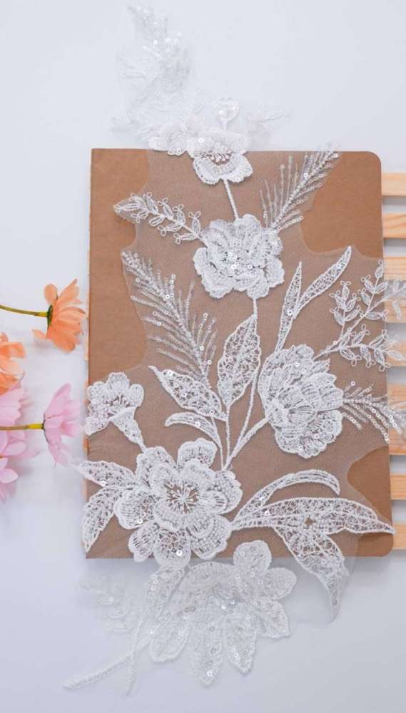 1 Yard Pair White Sequined Beaded Corded Embroidered 3D Floral Bridal Lace Trim Applique Material XB148