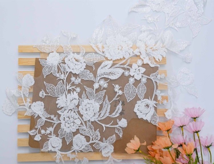 1 Yard Pair White Sequined Beaded Corded Embroidered 3D Floral Bridal Lace Trim Applique Material XB126