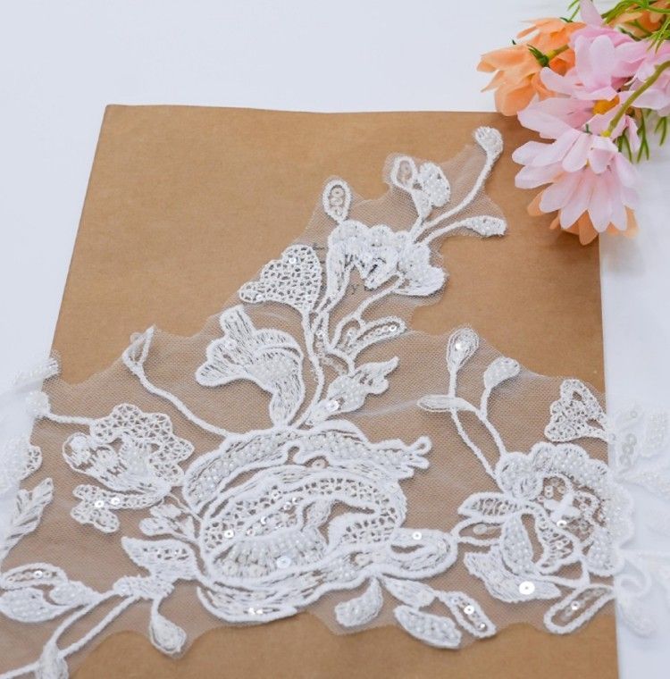 1 Yard Pair White Sequined Beaded Corded Embroidered 3D Floral Bridal Lace Trim Applique Material XB114