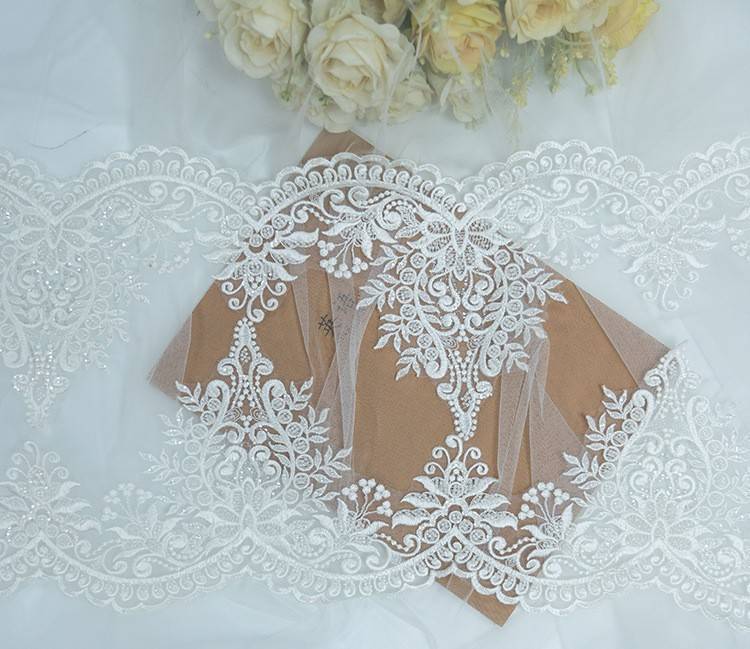 1 Yard Pair White Sequined Beaded Corded Embroidered 3D Floral Bridal Lace Trim Applique Material XB128