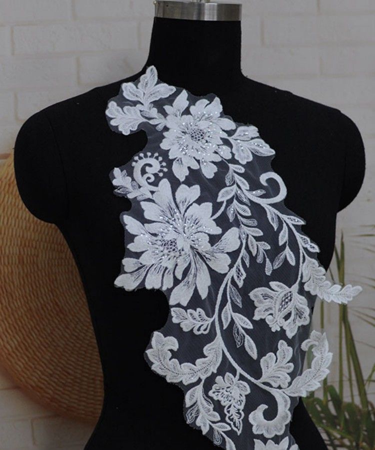 1 Yard Pair White Sequined Beaded Corded Embroidered 3D Floral Bridal Lace Trim Applique Material XB031