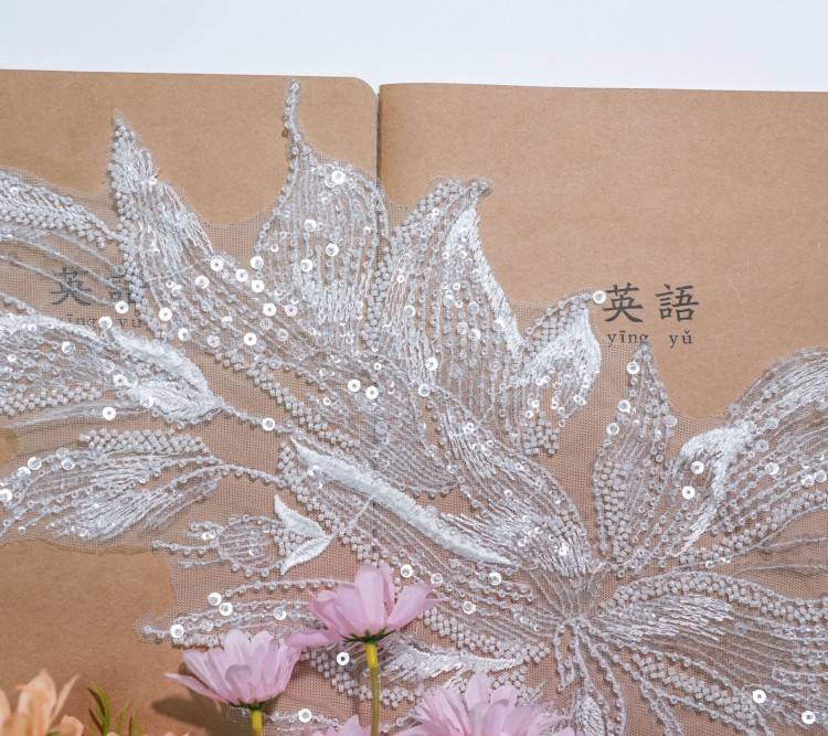 1 Yard Pair White Sequined Beaded Corded Embroidered 3D Floral Bridal Lace Trim Applique Material XB122