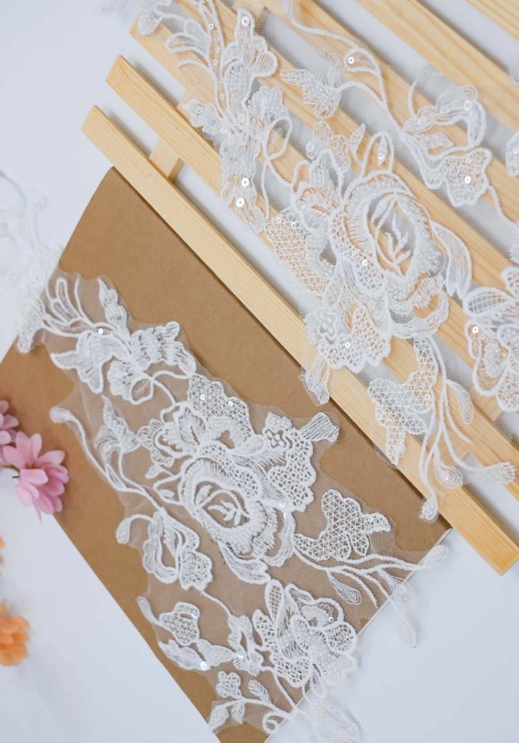 1 Yard Pair White Sequined Beaded Corded Embroidered 3D Floral Bridal Lace Trim Applique Material XB114