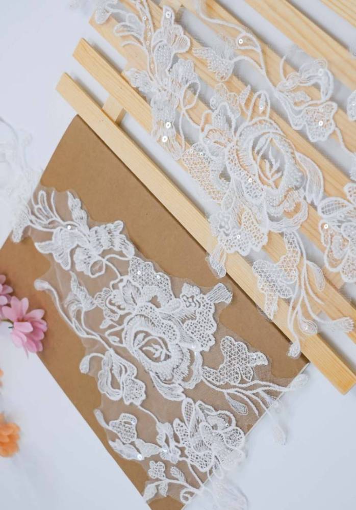 1 Yard Pair White Sequined Beaded Corded Embroidered 3D Floral Bridal Lace Trim Applique Material XB114