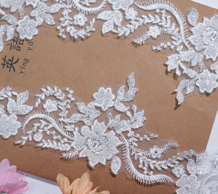 1 Yard Pair White Sequined Beaded Corded Embroidered 3D Floral Bridal Lace Trim Applique Material XB145