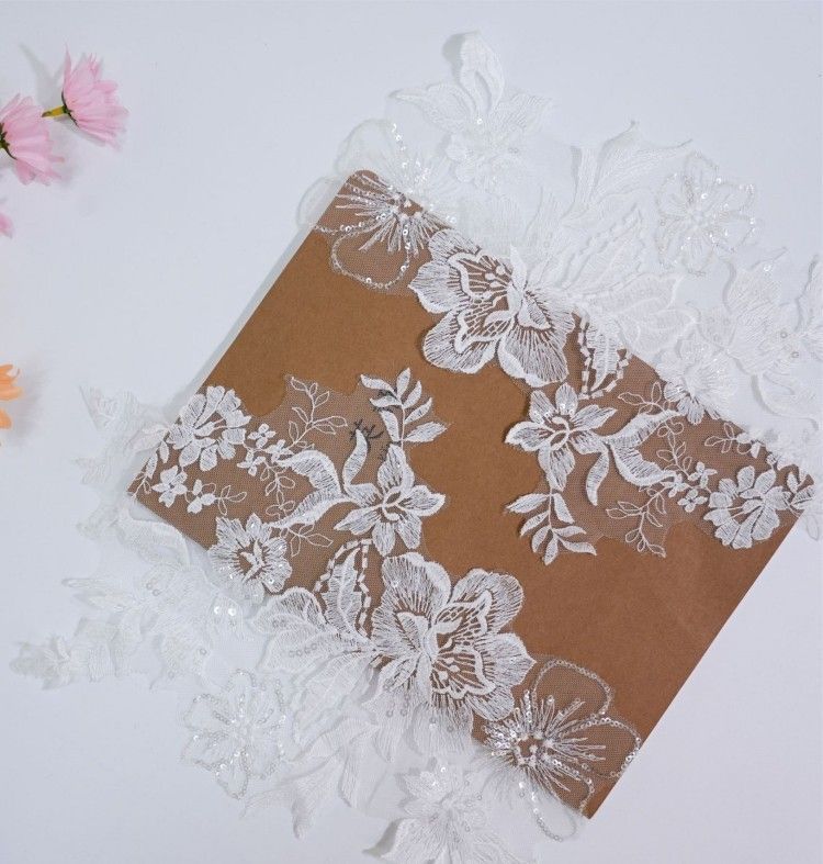 1 Pair White Sequined Embroidered Bridal Lace Applique Material XB111