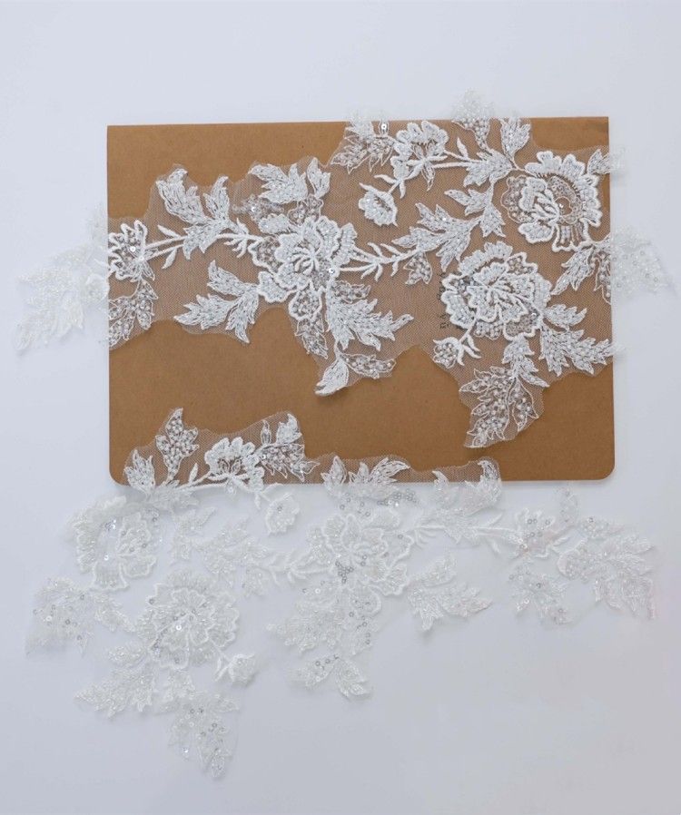 1 Yard Pair White Sequined Beaded Corded Embroidered 3D Floral Bridal Lace Trim Applique Material XB139