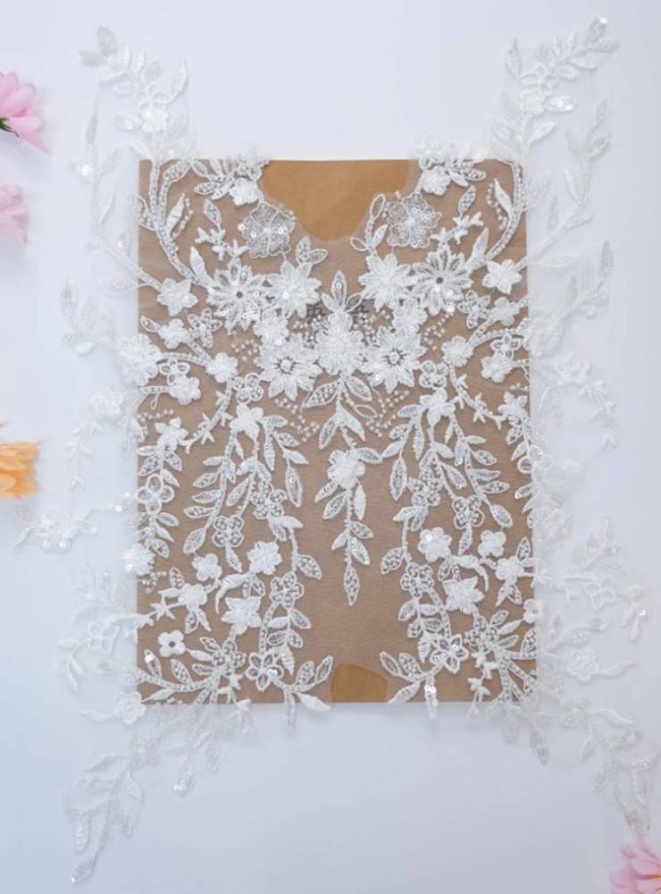 1 Yard Pair White Sequined Beaded Corded Embroidered 3D Floral Bridal Lace Trim Applique Material XB134