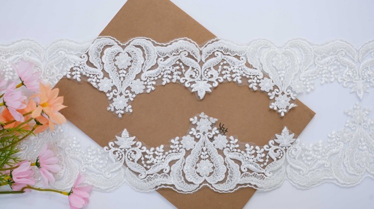 1 Yard Pair White Sequined Beaded Corded Embroidered 3D Floral Bridal Lace Trim Applique Material XB124