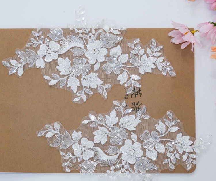 1 Yard Pair White Sequined Beaded Corded Embroidered 3D Floral Bridal Lace Trim Applique Material XB143