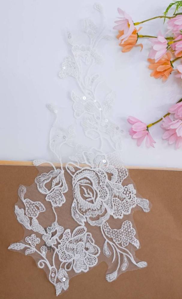 1 Yard Pair White Sequined Beaded Corded Embroidered 3D Floral Bridal Lace Trim Applique Material XB114
