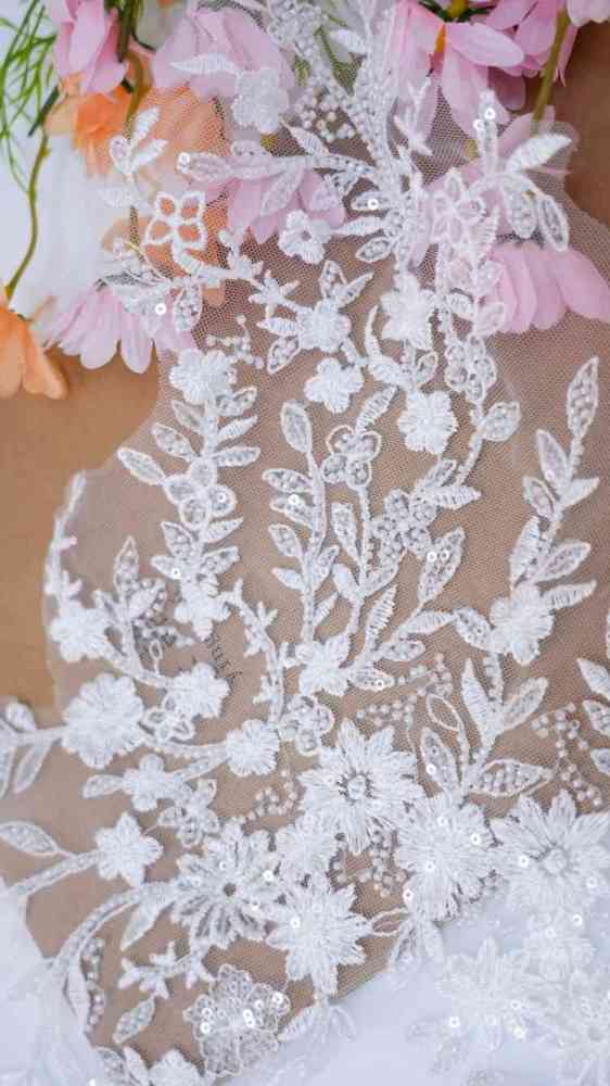 1 Yard Pair White Sequined Beaded Corded Embroidered 3D Floral Bridal Lace Trim Applique Material XB134