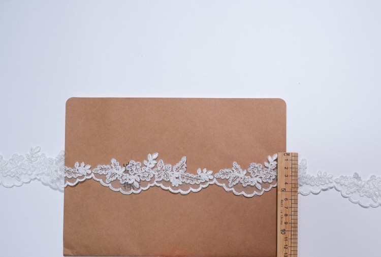 1 Yard Pair White Sequined Beaded Corded Embroidered 3D Floral Bridal Lace Trim Applique Material XB127