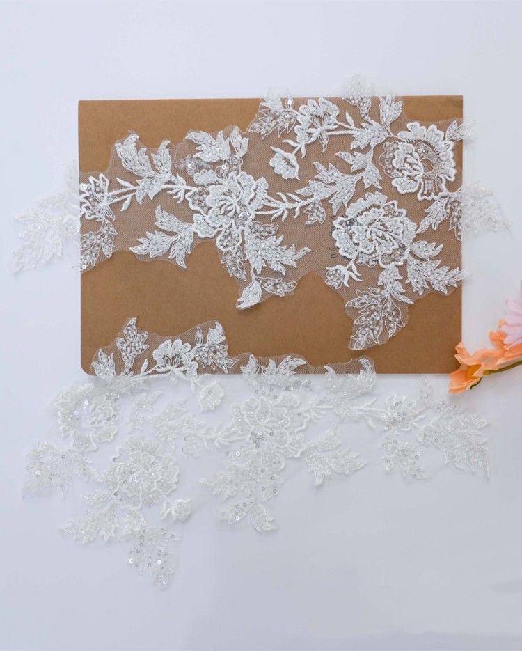 1 Yard Pair White Sequined Beaded Corded Embroidered 3D Floral Bridal Lace Trim Applique Material XB139