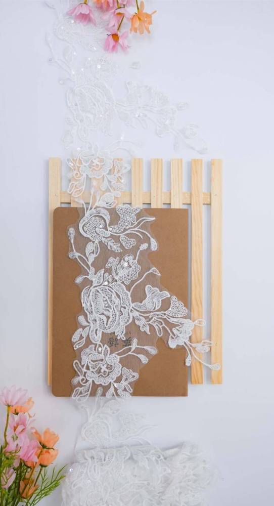 1 Yard Pair White Sequined Beaded Corded Embroidered 3D Floral Bridal Lace Trim Applique Material XB114