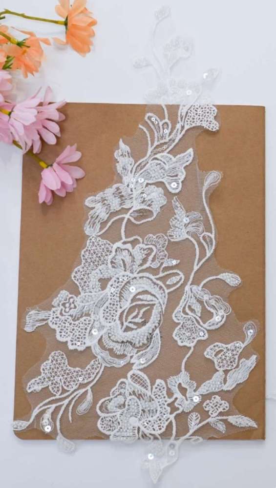1 Yard Pair White Sequined Beaded Corded Embroidered 3D Floral Bridal Lace Trim Applique Material XB114