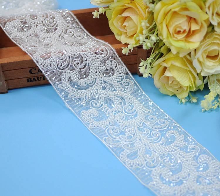 1 Yard Pair White Sequined Beaded Corded Embroidered 3D Floral Bridal Lace Trim Applique Material XB132