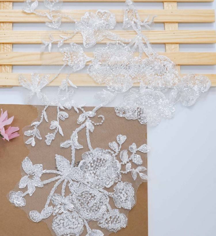 1 Pair White Sequined Beaded Embroidered Bridal Lace Applique Material XB113
