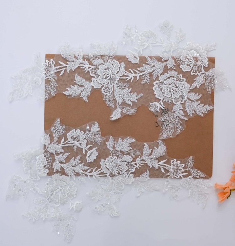 1 Yard Pair White Sequined Beaded Corded Embroidered 3D Floral Bridal Lace Trim Applique Material XB139