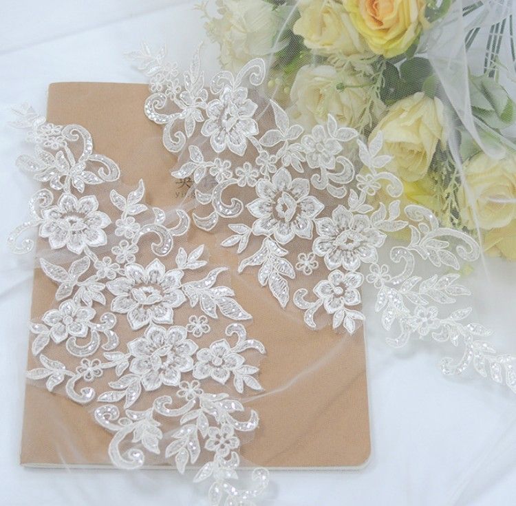 1 Yard Pair White Sequined Beaded Corded Embroidered 3D Floral Bridal Lace Trim Applique Material XB116