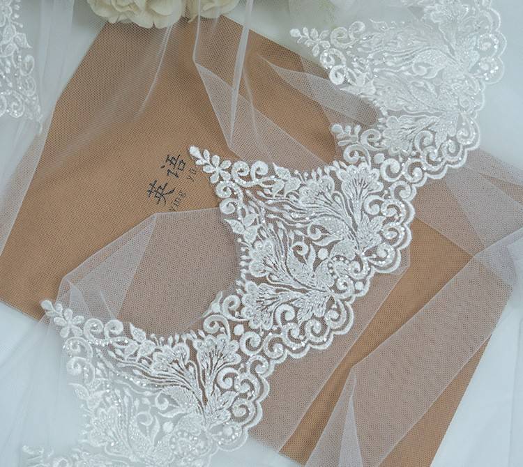 1 Yard Pair White Sequined Beaded Corded Embroidered 3D Floral Bridal Lace Trim Applique Material XB135