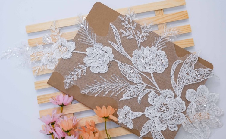 1 Yard Pair White Sequined Beaded Corded Embroidered 3D Floral Bridal Lace Trim Applique Material XB148