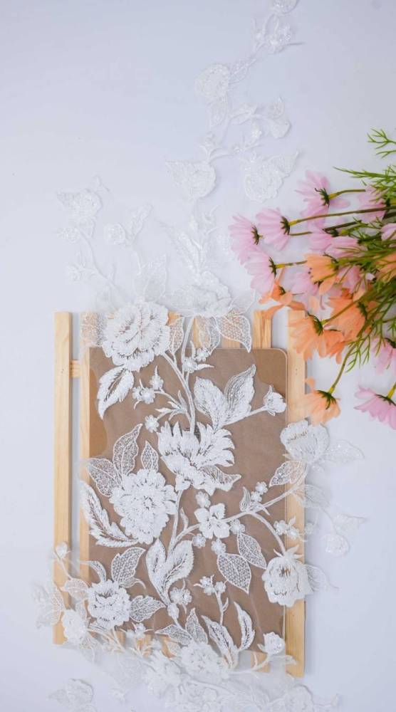 1 Yard Pair White Sequined Beaded Corded Embroidered 3D Floral Bridal Lace Trim Applique Material XB126