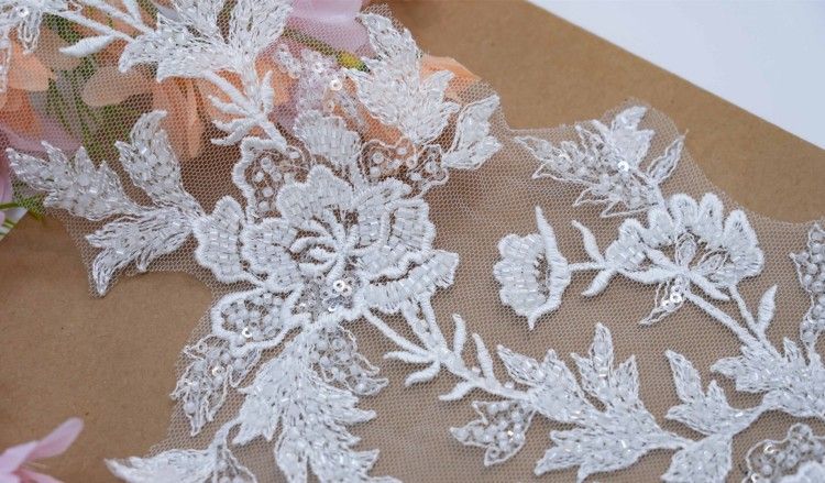 1 Yard Pair White Sequined Beaded Corded Embroidered 3D Floral Bridal Lace Trim Applique Material XB139